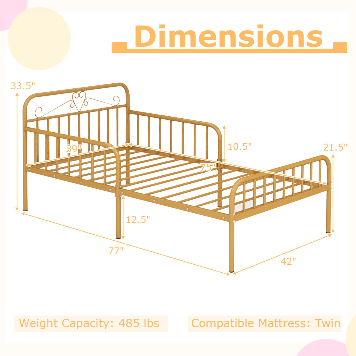 Twin Size Bed Frame with Headboard and Safety Side Guardrails
