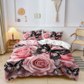 Pink Rose Black Butterfly Print Duvet Cover Set Lace Floral Bedding Soft Comforter Shams Romantic Aesthetic Bedroom Decor
