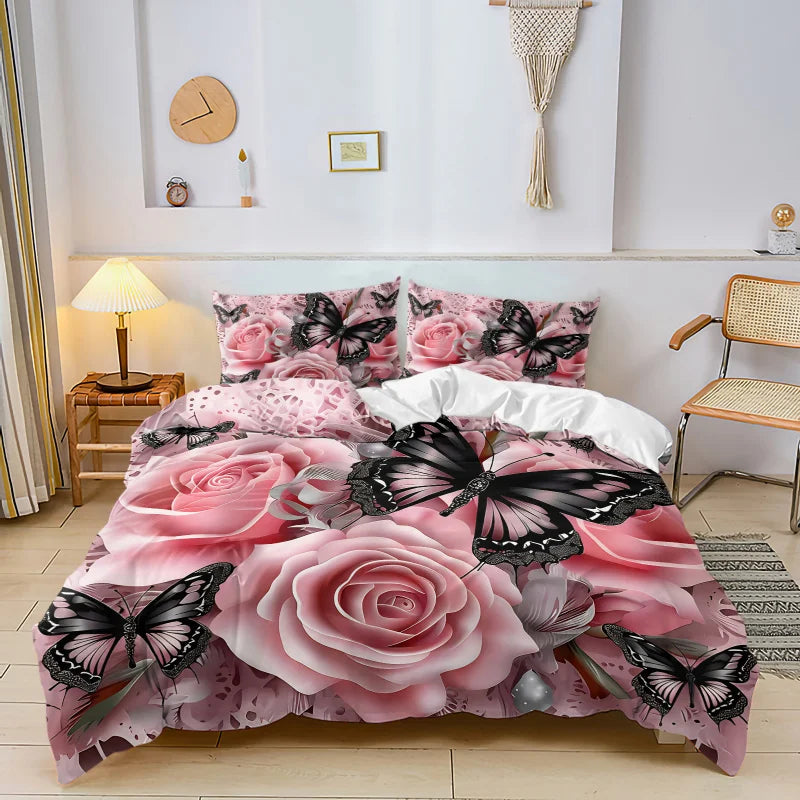 Pink Rose Black Butterfly Print Duvet Cover Set Lace Floral Bedding Soft Comforter Shams Romantic Aesthetic Bedroom Decor