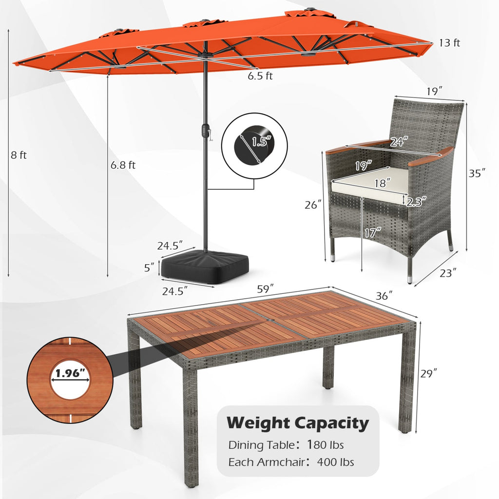 8 Pieces Outdoor Wicker Dining Furniture and 13.5 FT Double-Sided Patio Umbrella