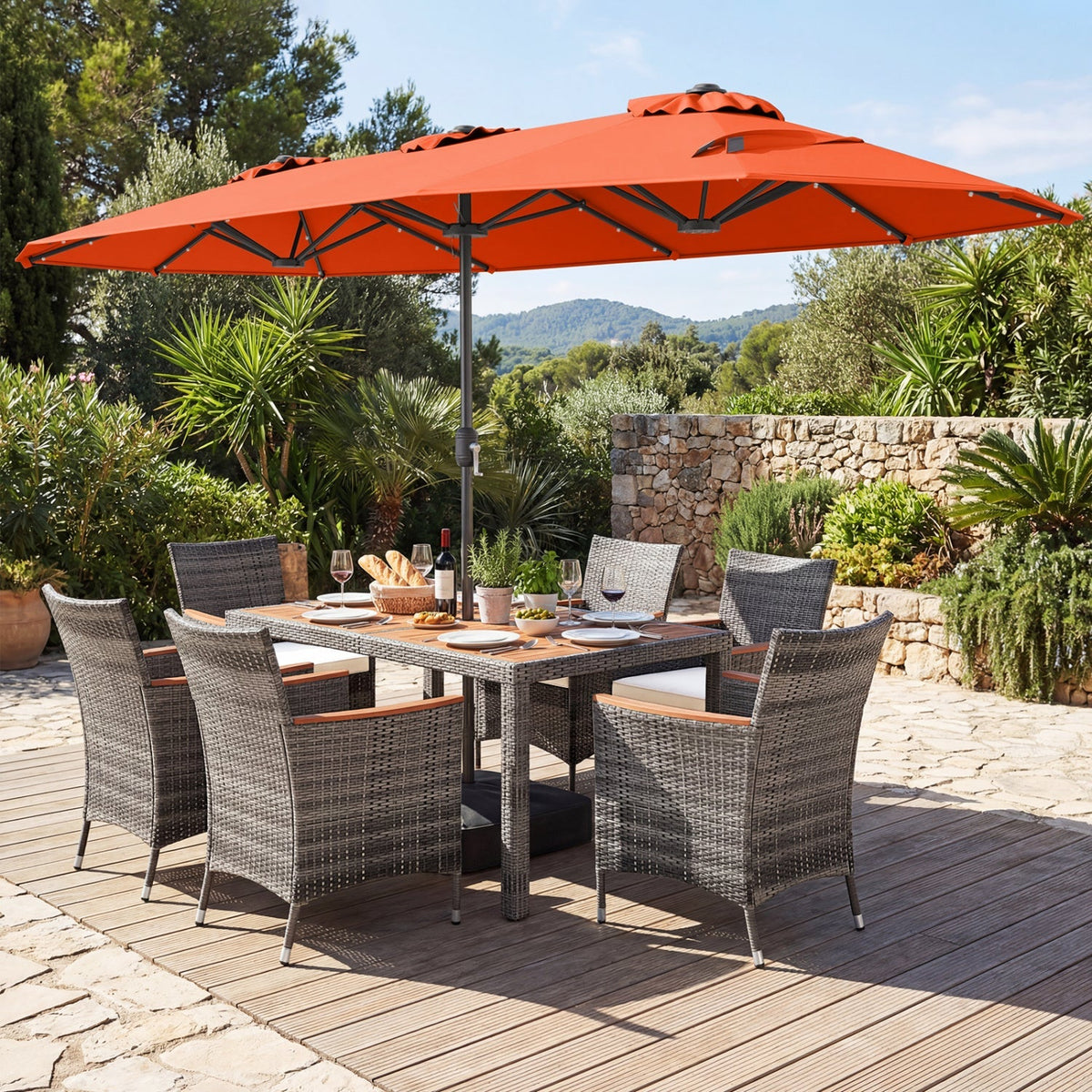 8 Pieces Outdoor Wicker Dining Furniture and 13.5 FT Double-Sided Patio Umbrella