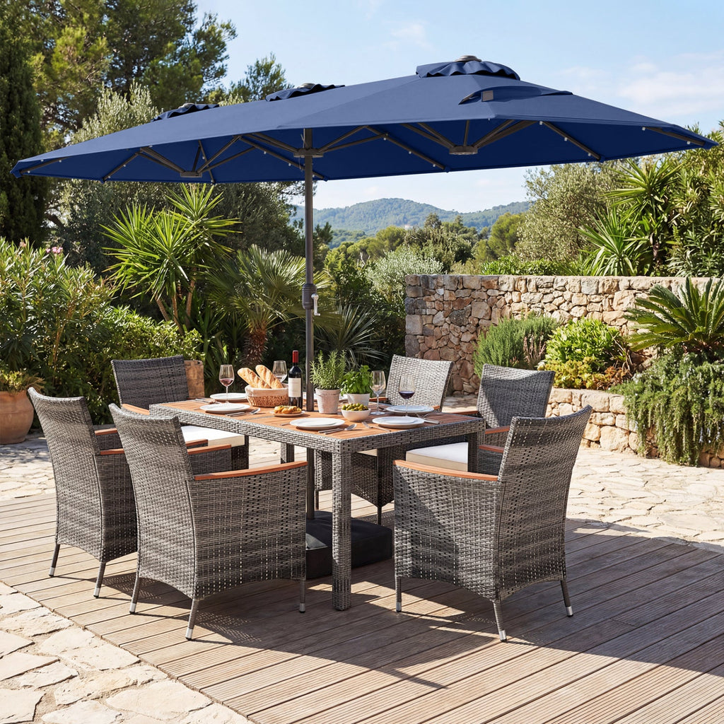 8 Pieces Outdoor Wicker Dining Furniture and 13.5 FT Double-Sided Patio Umbrella