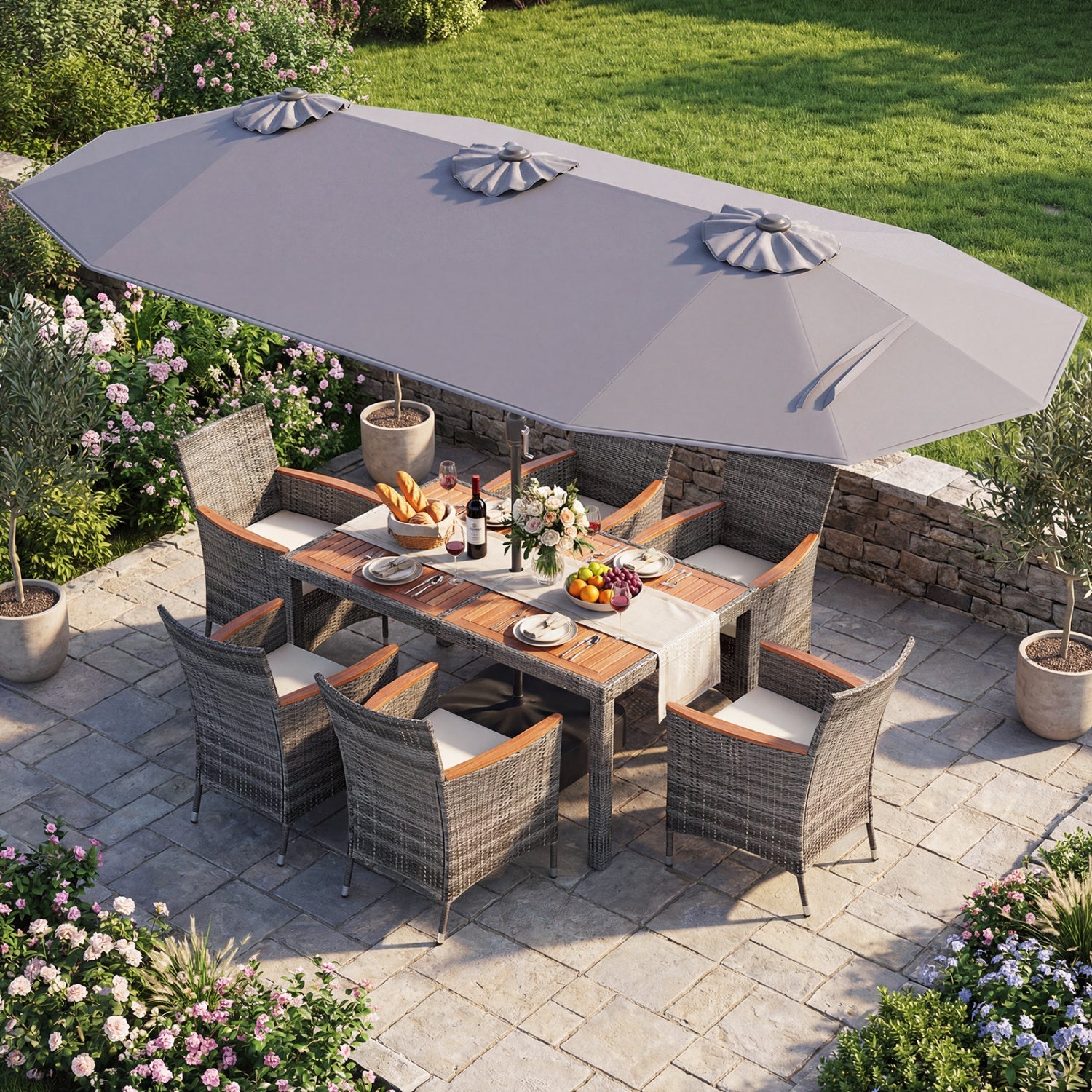 8 Pieces Outdoor Wicker Dining Furniture and 13.5 FT Double-Sided Patio Umbrella