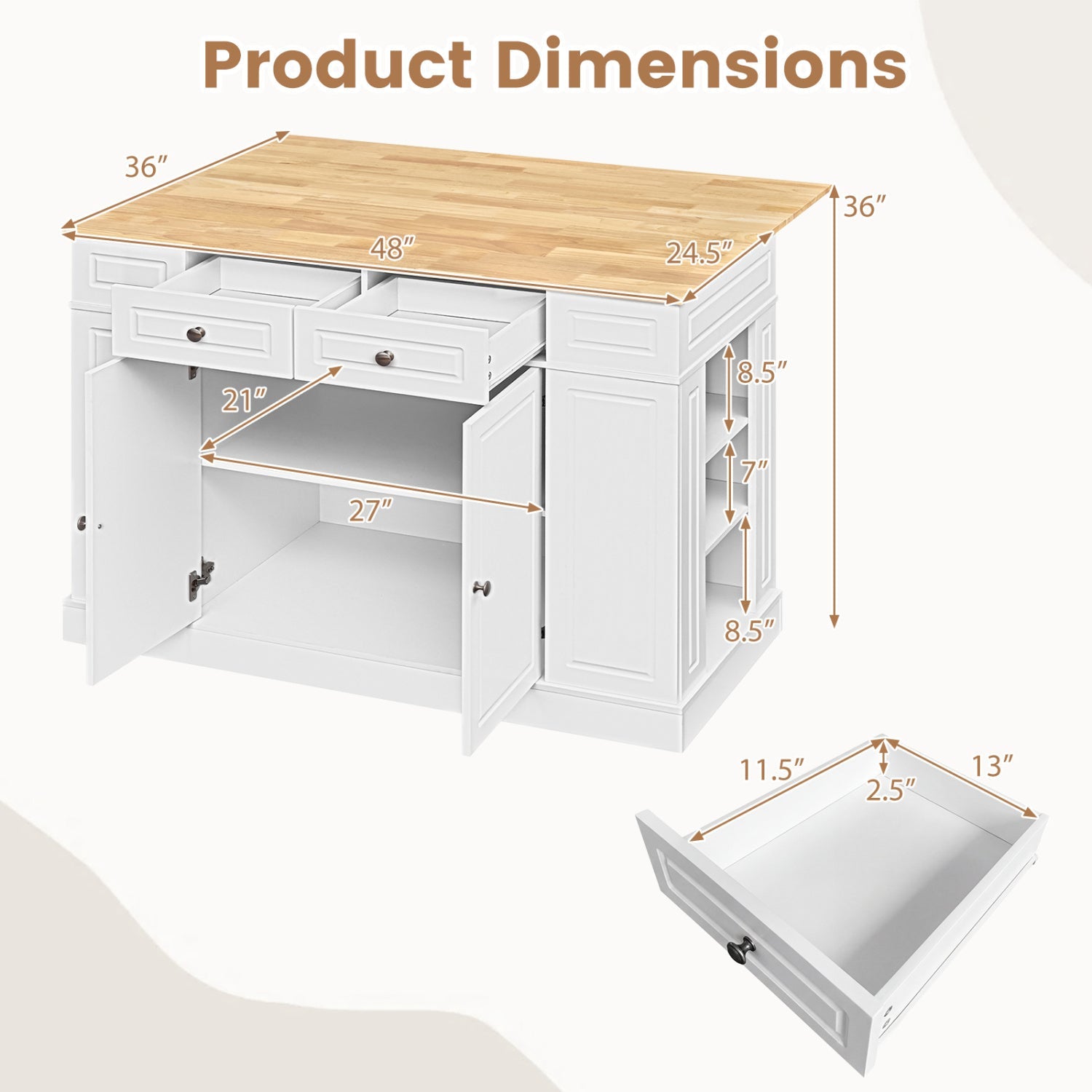 Kitchen Island with Storage with 2 Counter Height Solid Wood Bar Stools Set